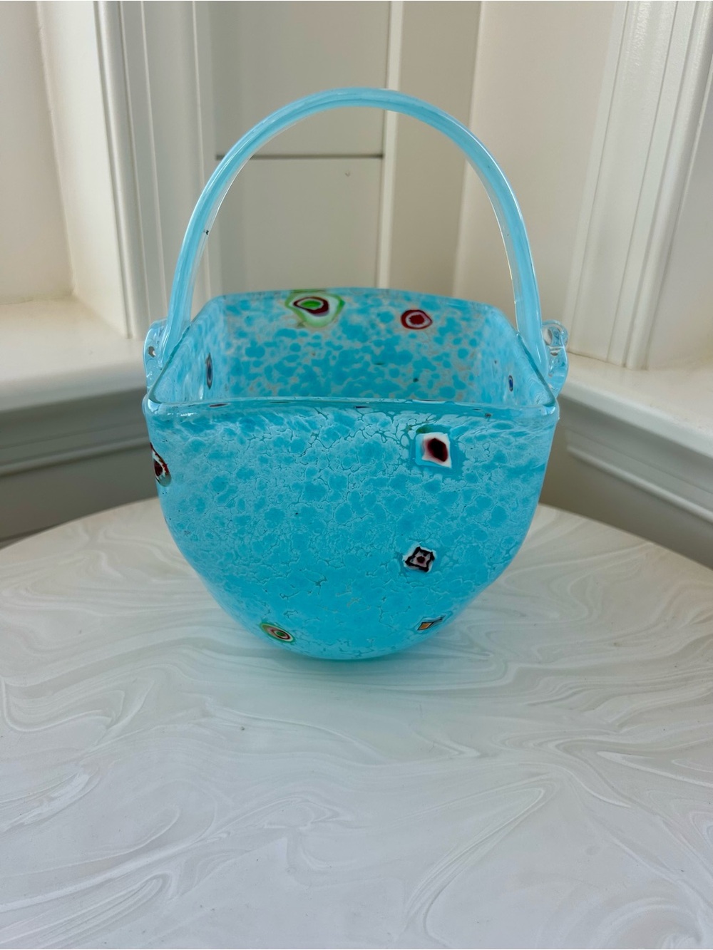 Unique Hand Blown Blue Square Glass Basket Millefiore